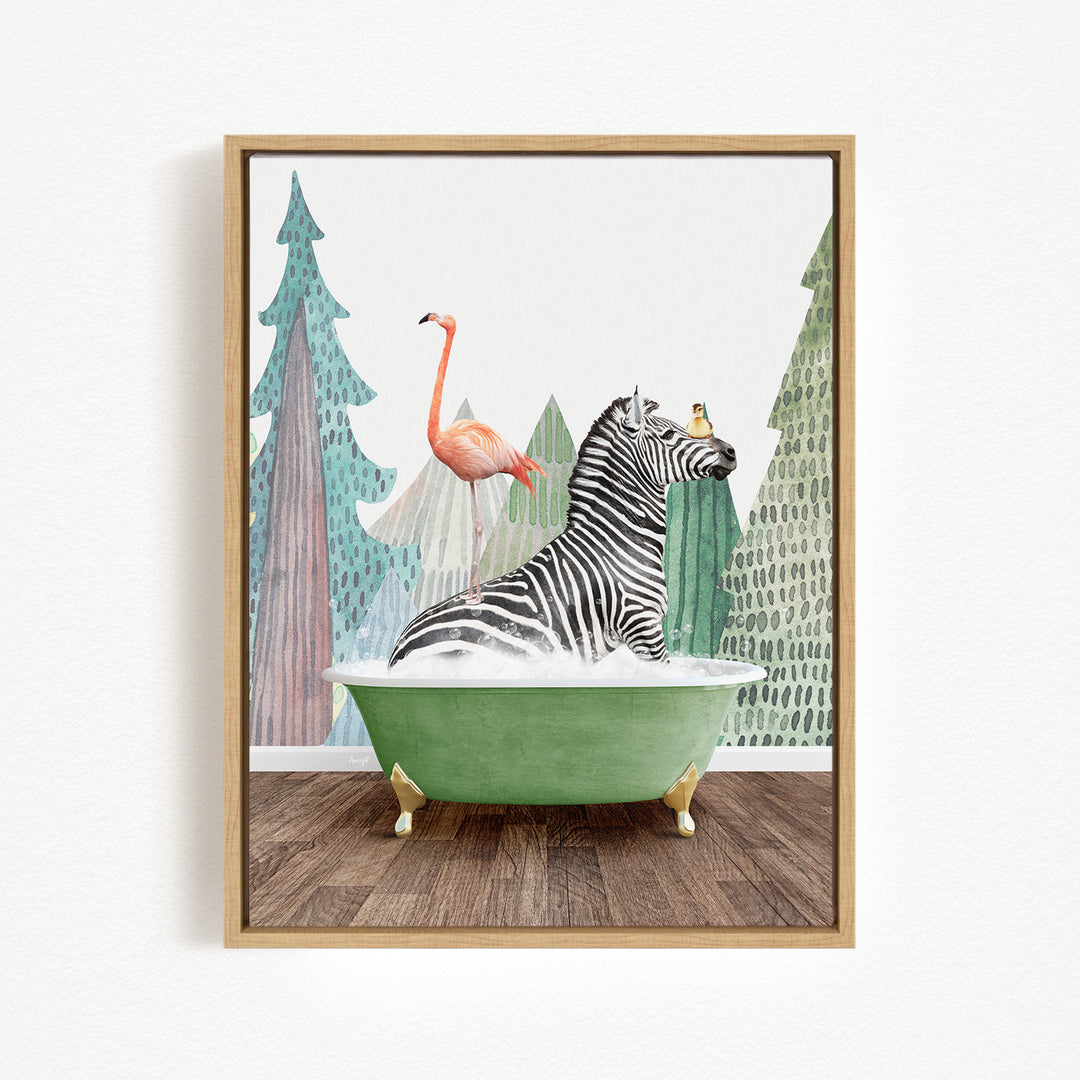 A zebra is sitting in a green bathtub, surrounded by a pink flamingo and a yellow bird, with a forest backdrop.