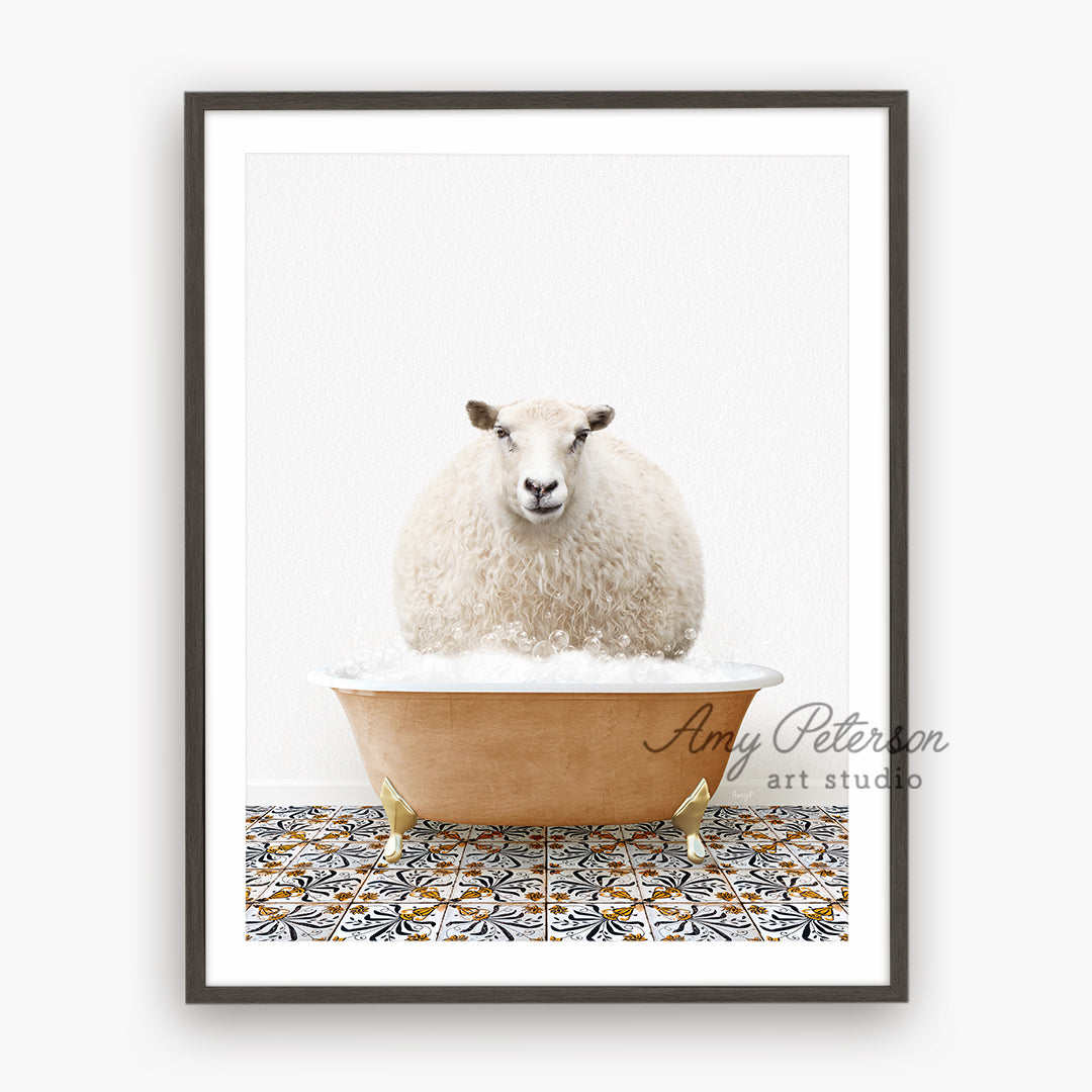 a sheep sitting in a bathtub with a white background