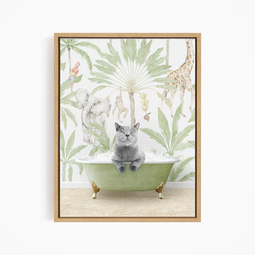 A gray cat sitting in a green bathtub, surrounded by a tropical jungle scene with various animals and plants.