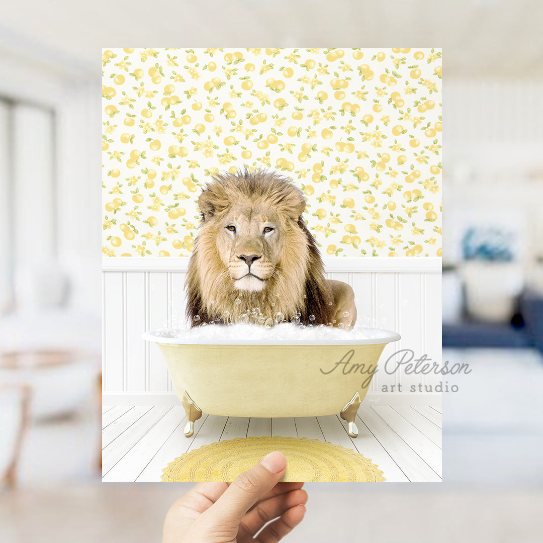 a lion sitting in a bathtub with a hand holding it