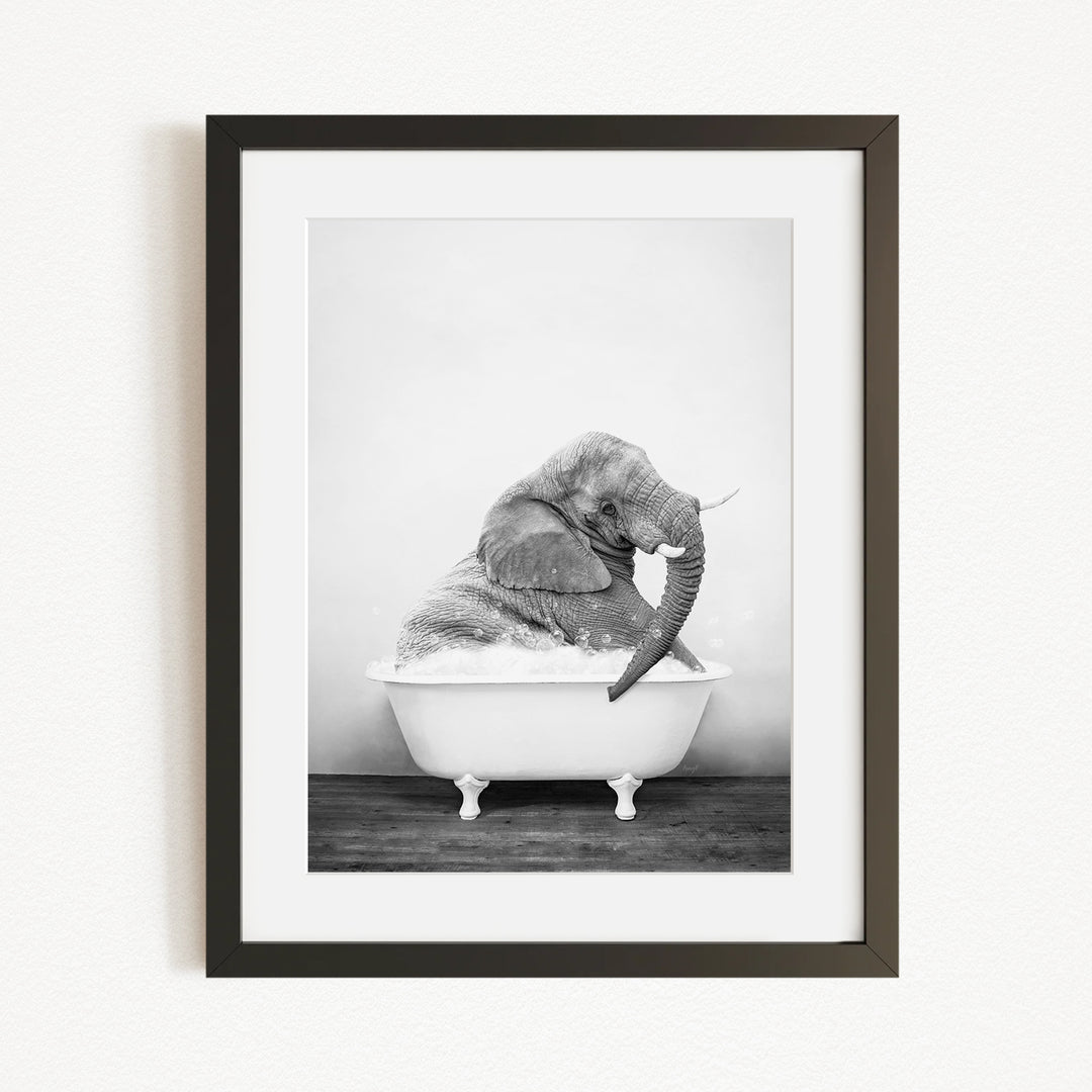 A black and white photograph of an elephant sitting in a bathtub, with its trunk raised.