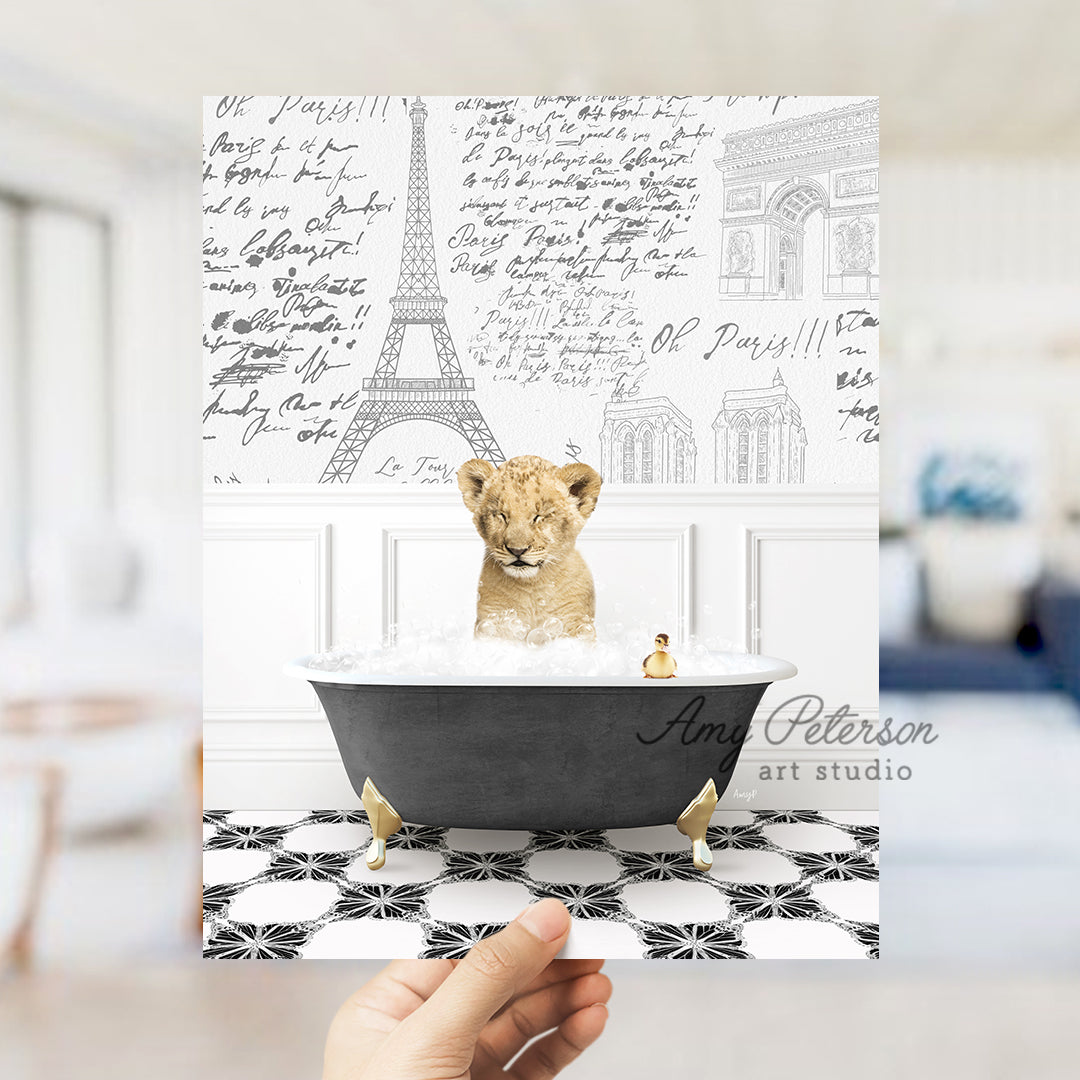 a hand holding up a card with a picture of a dog in a bathtub