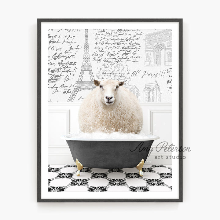 a sheep sitting in a bathtub in front of the eiffel tower