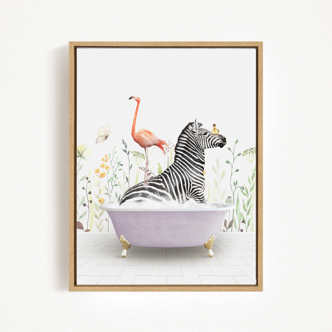 A zebra is sitting in a bathtub filled with water, surrounded by a pink flamingo, a butterfly, and various flowers and plants.