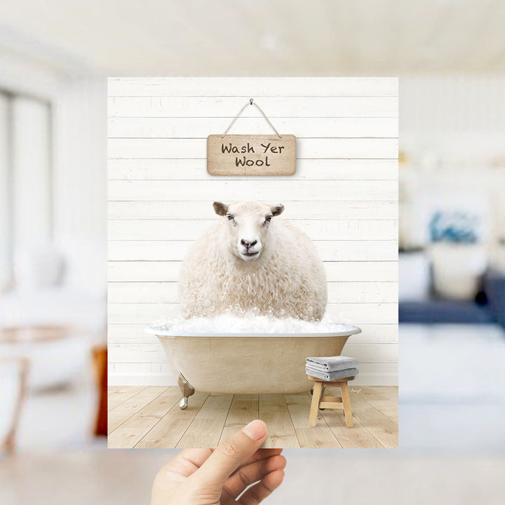 A hand holds up a framed image of a sheep sitting in a bathtub, with a sign above it that says "Wash Yer Wool".