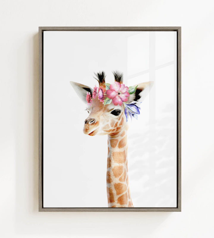 A giraffe wearing a flower crown is the central focus of the image.