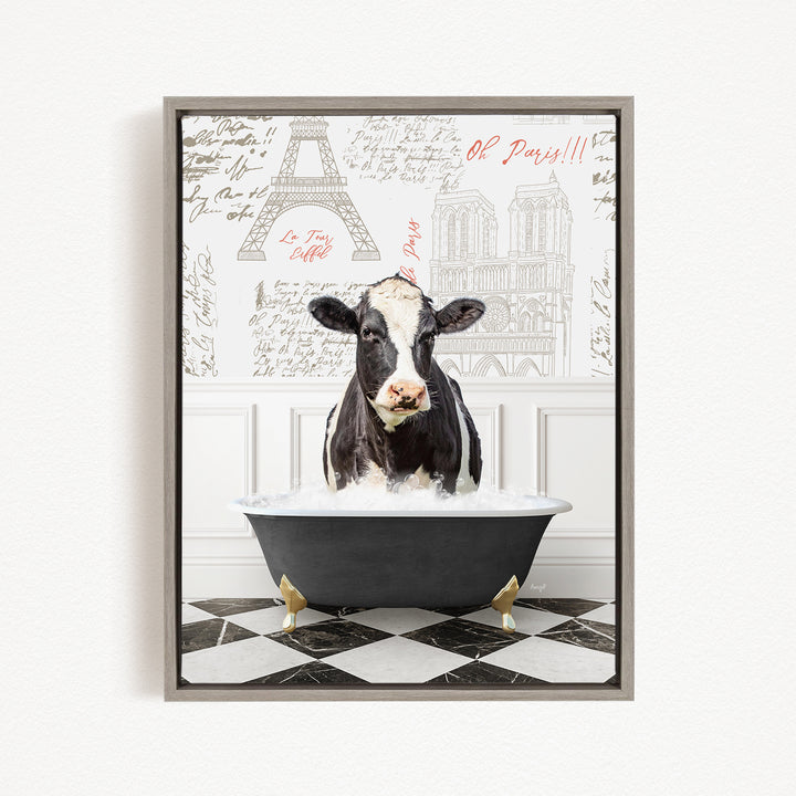 A black and white cow is sitting in a bathtub filled with water, surrounded by a checkered floor and a wall with various inscriptions and illustrations.