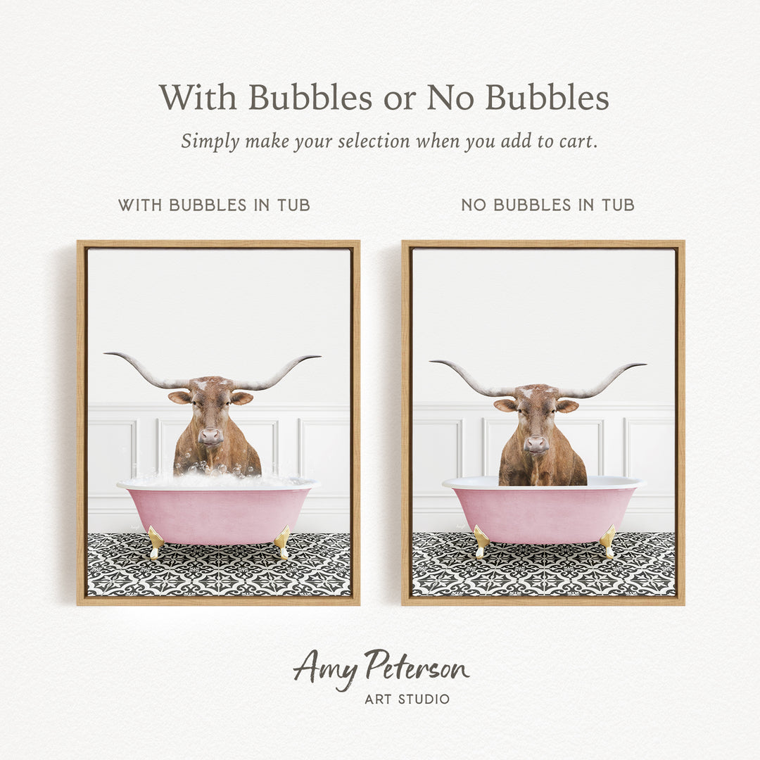 The image is a collage of two framed pictures, each featuring a bull with horns in a pink bathtub. The bull in the pink bathtub has bubbles, while the bull in the tub without bubbles is depicted in a plain white bathtub. The collage is titled "With Bubbles or No Bubbles" and is created by Amy Peterson from Art Studio.