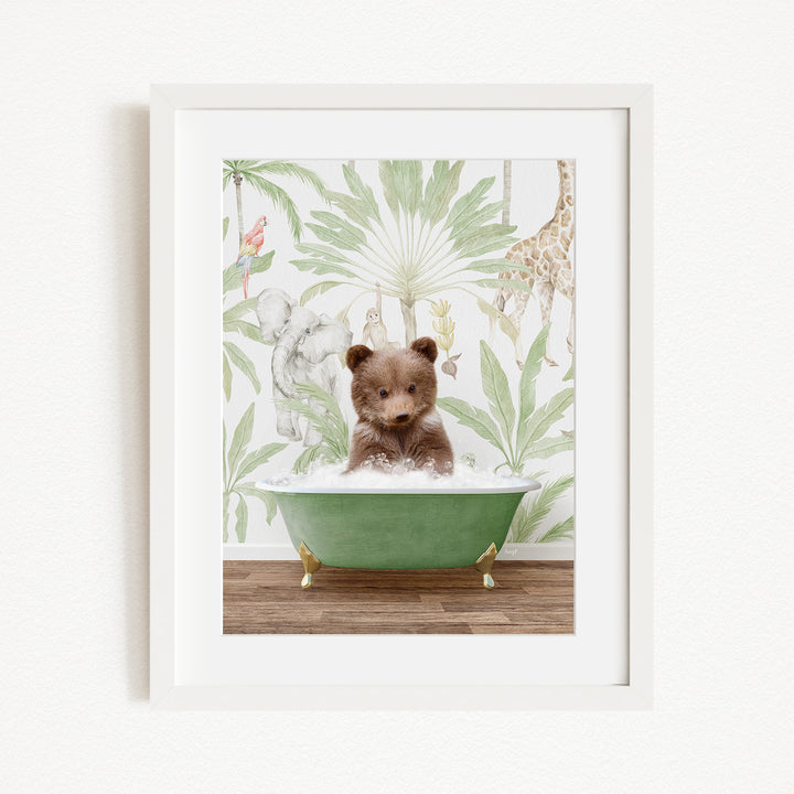 A brown bear sitting in a green bathtub, surrounded by a tropical wallpaper with various animals and plants.