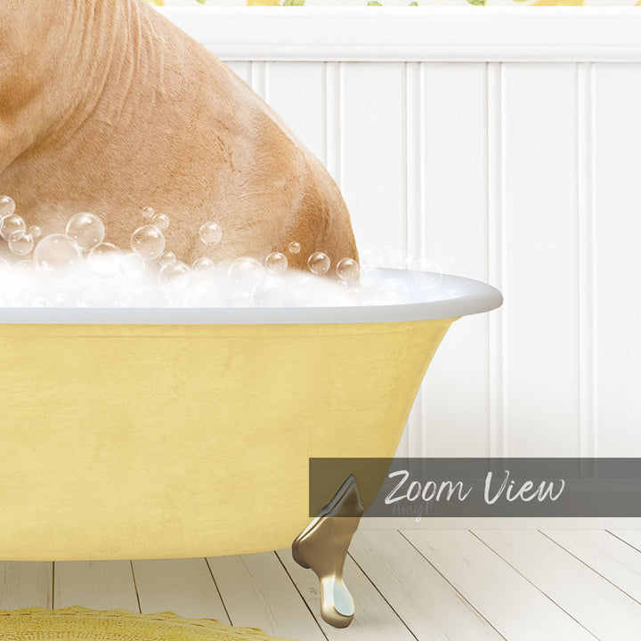 A dog is taking a bath in a yellow bathtub, surrounded by bubbles.
