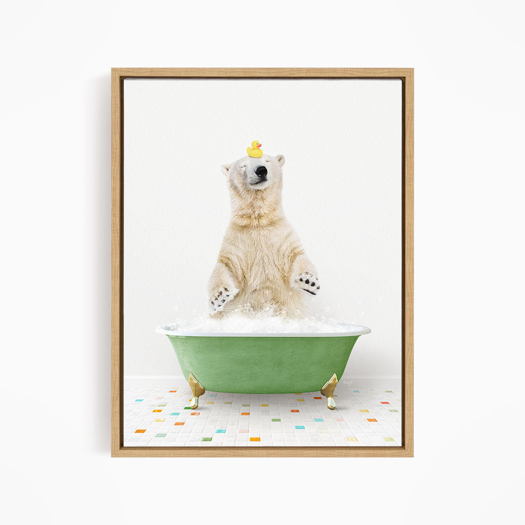 A polar bear standing in a green bathtub filled with bubbles, with a rubber duck perched on its head.