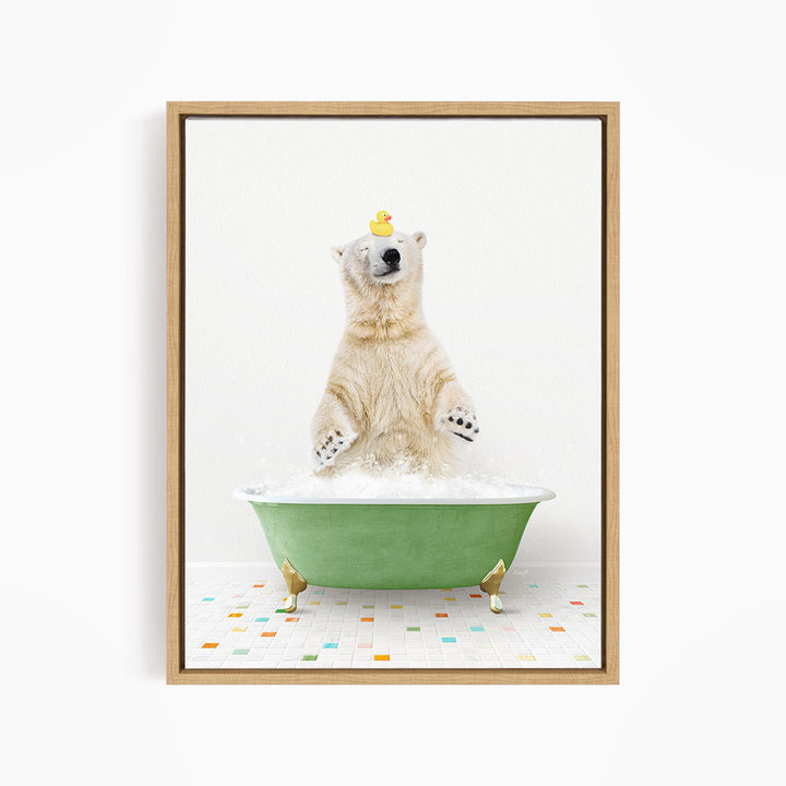 A polar bear standing in a green bathtub filled with bubbles, with a rubber duck perched on its head.