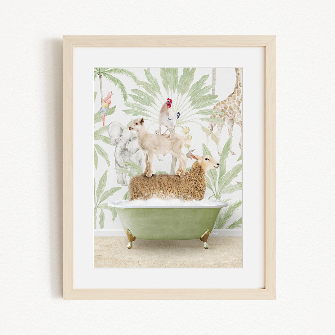 A framed collage of various animals, including a dog, cat, sheep, and a bird, all sitting or standing on a green bathtub against a tropical wallpaper background.