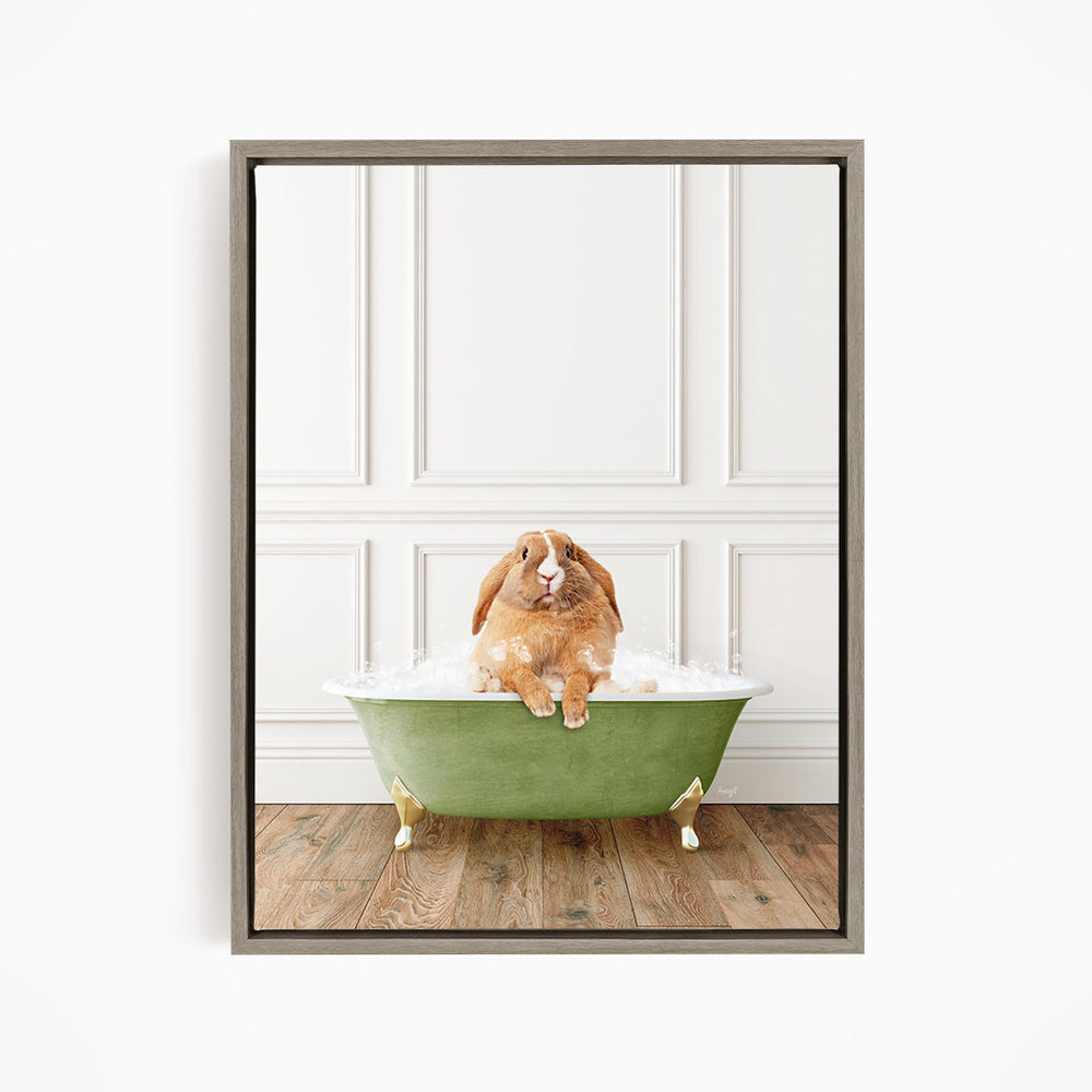 A brown rabbit sitting in a green bathtub filled with water, looking directly at the camera.