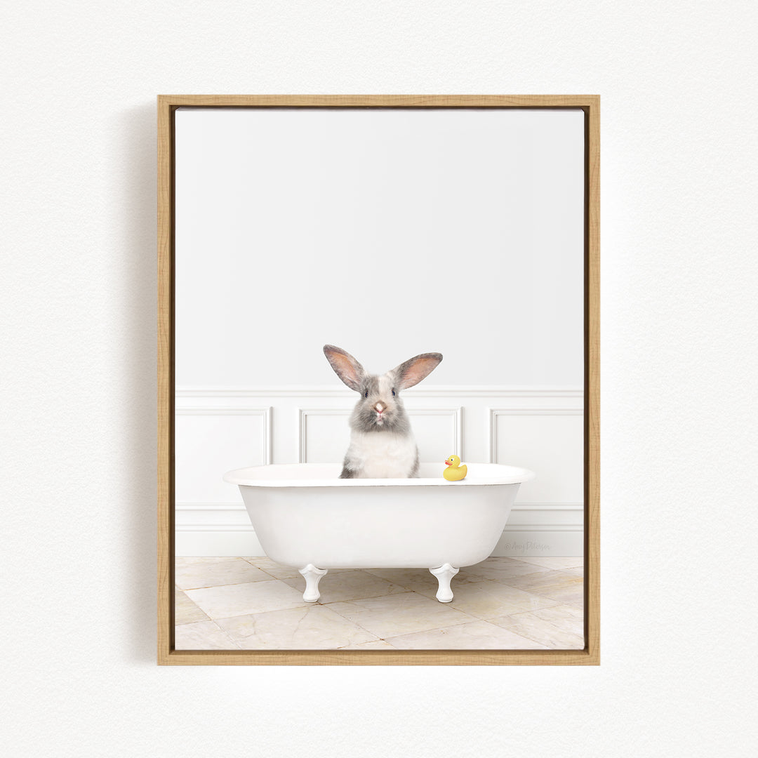 A gray and white rabbit sitting in a white bathtub, with a yellow rubber duck floating in the water.