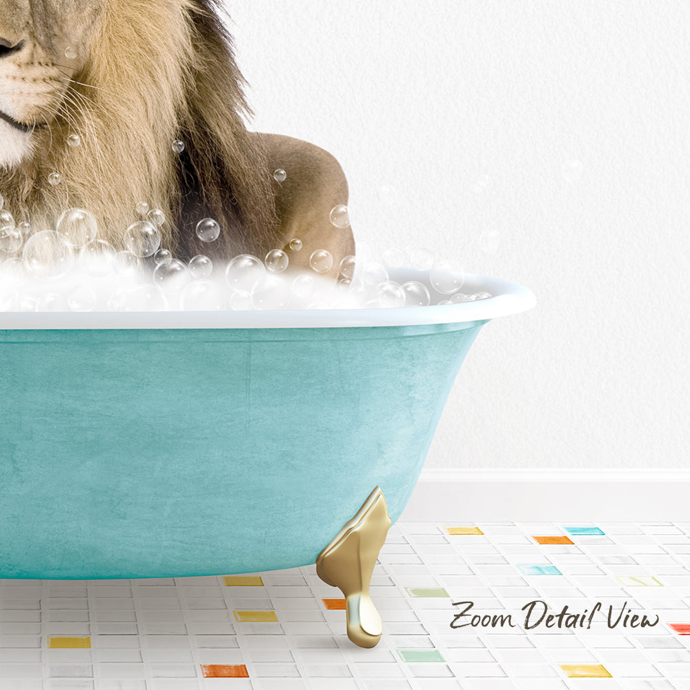 A lion is sitting in a blue bathtub filled with bubbles, creating a whimsical and playful scene.