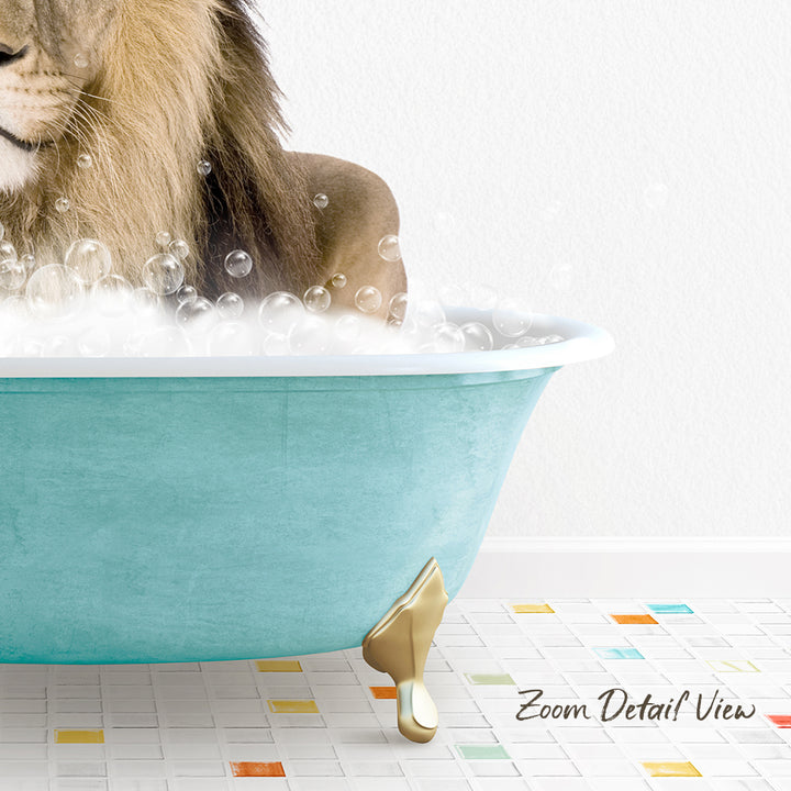 A lion is sitting in a blue bathtub filled with bubbles, creating a whimsical and playful scene.