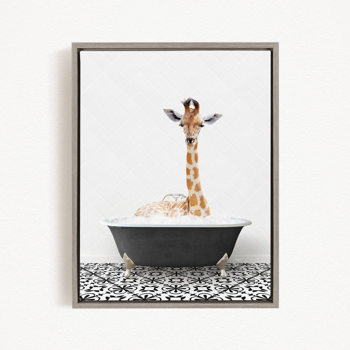 A giraffe sitting in a bathtub filled with water, surrounded by a black and white patterned floor.