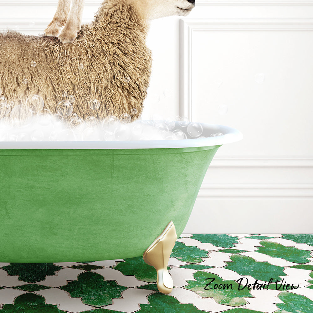 A fluffy brown sheep is standing in a green bathtub filled with bubbles, with a patterned tile floor in the background.