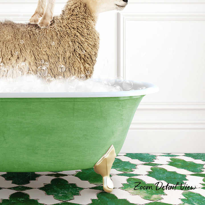 A fluffy brown sheep is standing in a green bathtub filled with bubbles, with a patterned tile floor in the background.