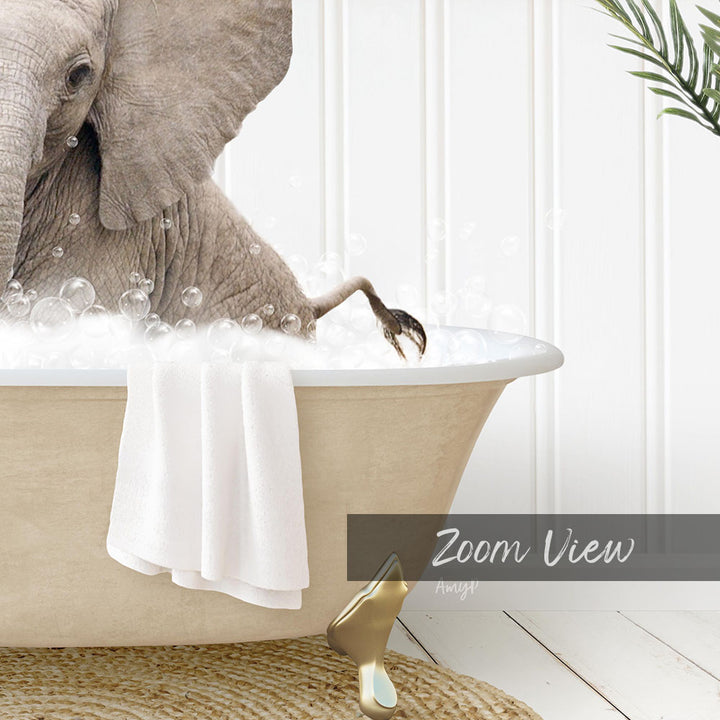 A large elephant is taking a bath in a bathtub, surrounded by bubbles, with a towel and a golden object nearby.