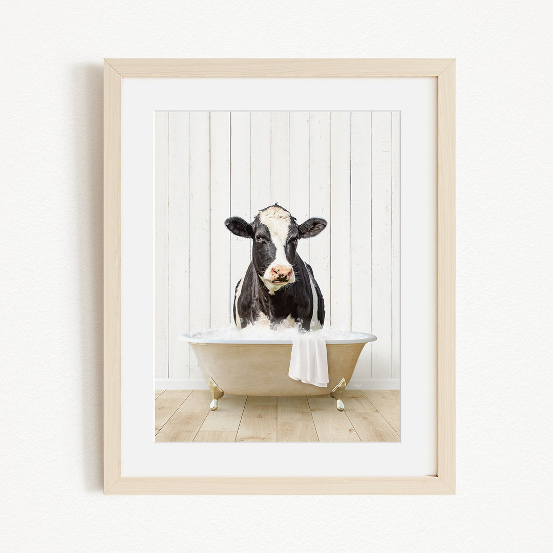 A black and white cow is sitting in a white bathtub filled with water, creating a whimsical and humorous scene.
