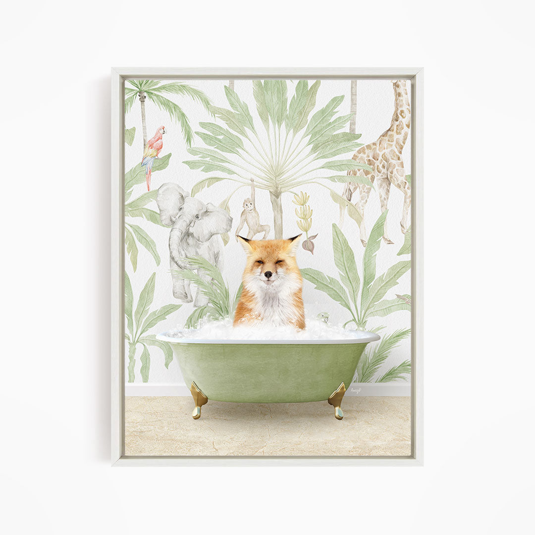 A fox is sitting in a green bathtub, surrounded by various animals such as a giraffe, elephant, and parrot, all set against a tropical jungle backdrop.