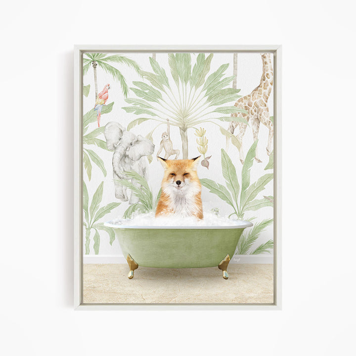 A fox is sitting in a green bathtub, surrounded by various animals such as a giraffe, elephant, and parrot, all set against a tropical jungle backdrop.