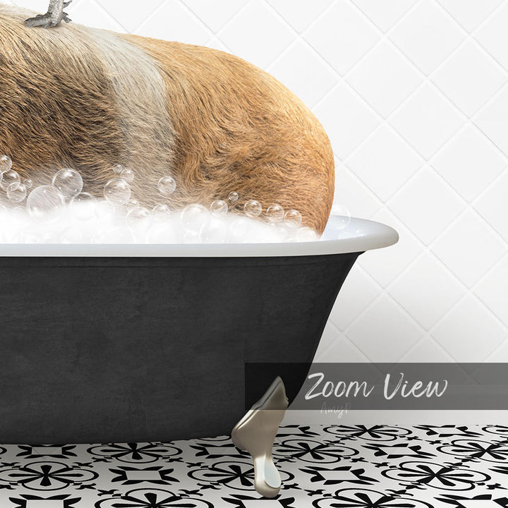 A dog is sitting in a bathtub filled with bubbles, enjoying a relaxing bath.