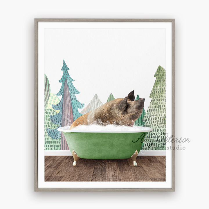 a dog taking a bath in a green bathtub