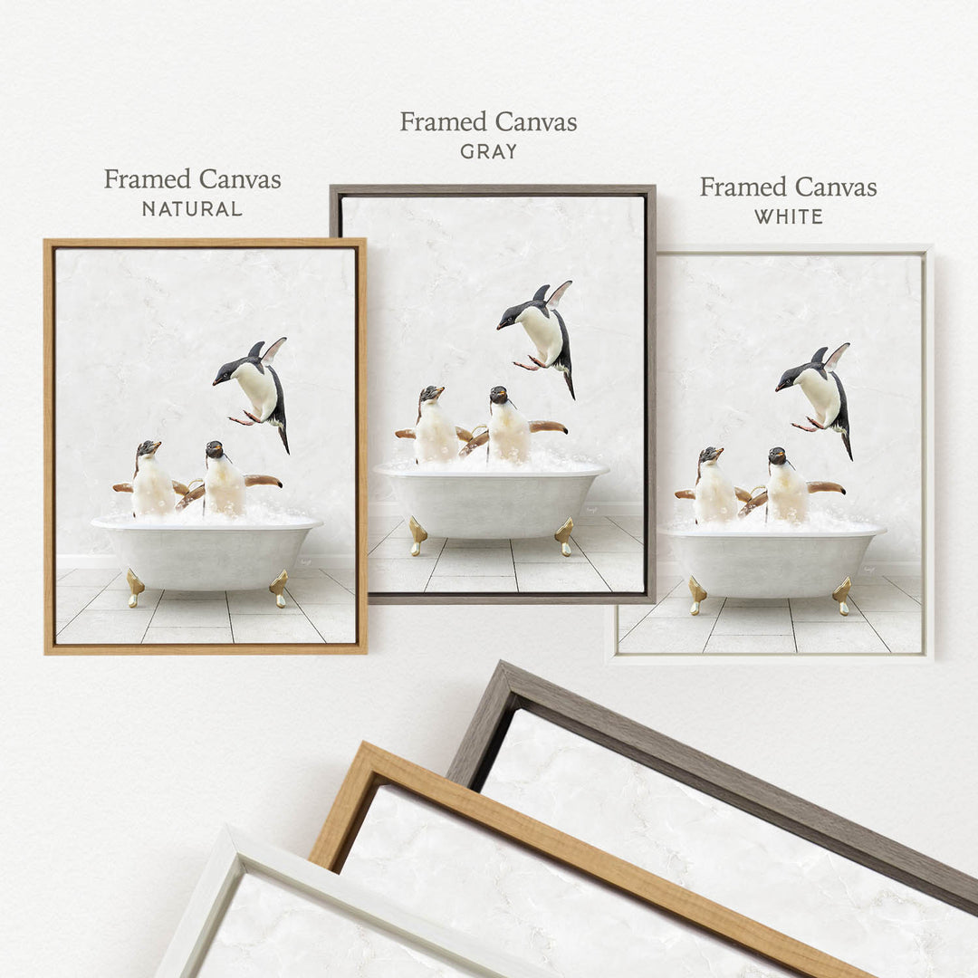 The image is a framed canvas depicting three penguins in a bathtub, with one penguin jumping out of the tub. The framed canisters are labeled " Framed Canvas NATURAL", " Framed Canvas GRAY", and " Framed Canvas WHITE".