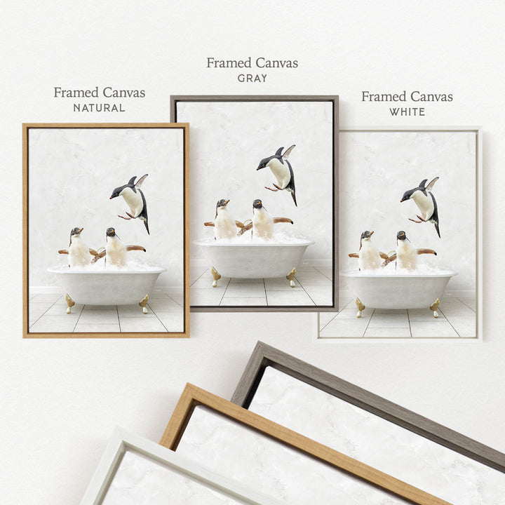 The image is a framed canvas depicting three penguins in a bathtub, with one penguin jumping out of the tub. The framed canisters are labeled " Framed Canvas NATURAL", " Framed Canvas GRAY", and " Framed Canvas WHITE".