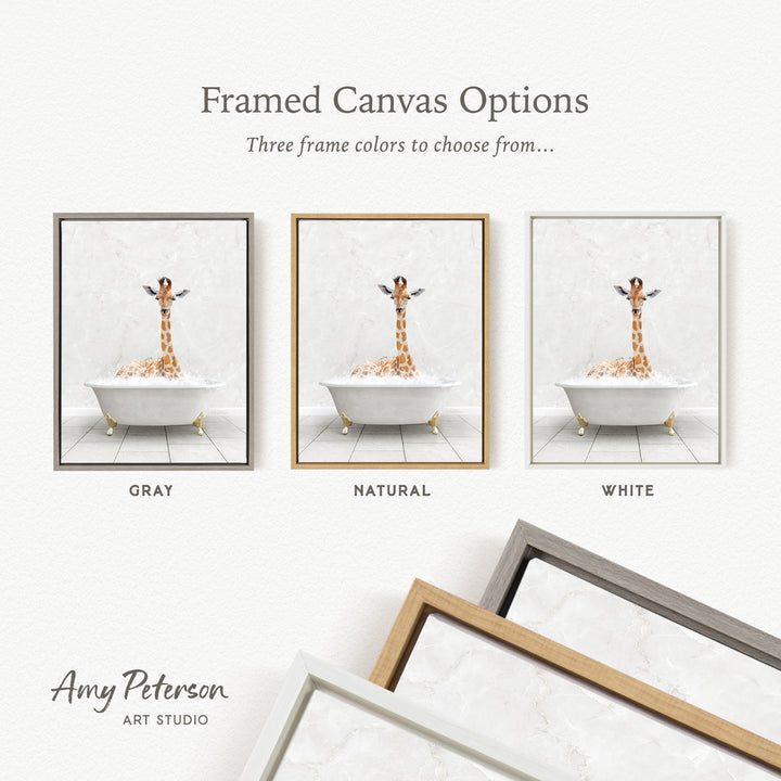 The image is a framed canvas option showcasing three different frame colors: gray, natural, and white. The canvas features a giraffe sitting in a bathtub, and the frame colors are gray, natural, and white.