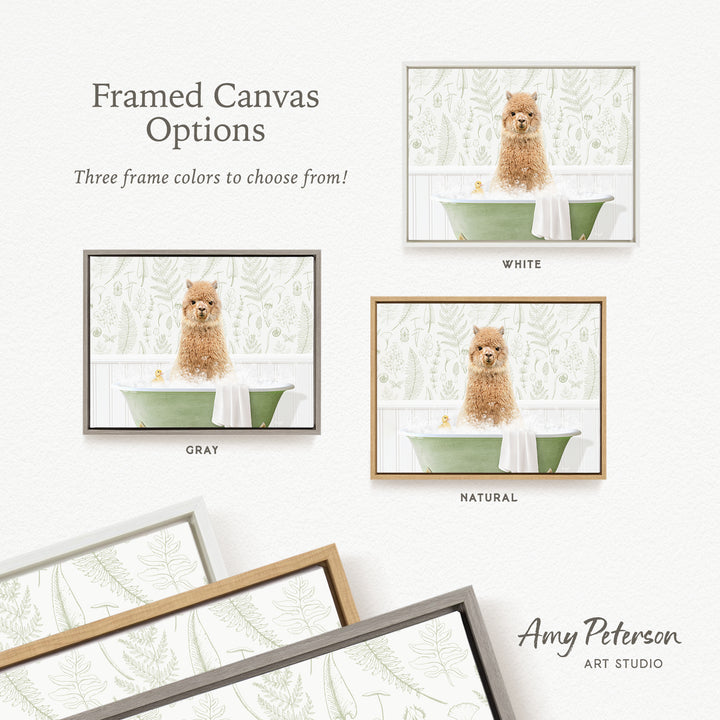 three framed canvas options featuring a dog sitting in a bathtub, with different frame colors available.