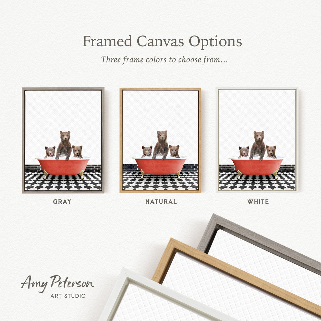 three framed canvas options, each featuring a bear in a bathtub. The options include a gray frame, a natural frame, and a white frame. The bear in the bathtub is brown and black.