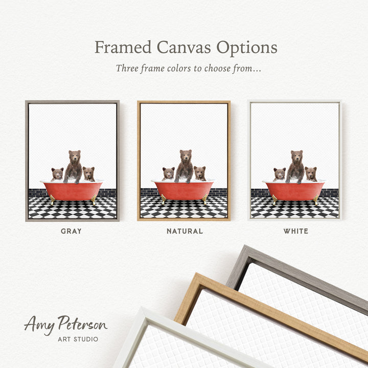three framed canvas options, each featuring a bear in a bathtub. The options include a gray frame, a natural frame, and a white frame. The bear in the bathtub is brown and black.