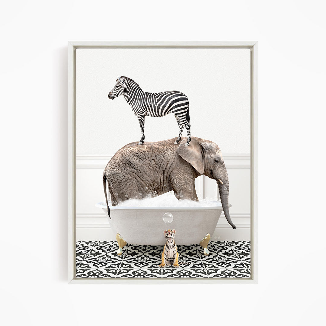 A zebra standing on the back of an elephant, both in a bathtub, with a small tiger figurine in front of them.