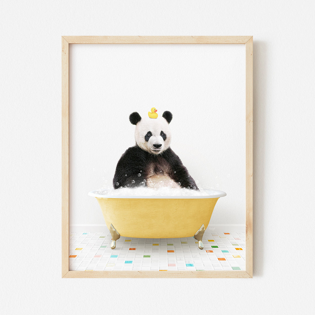 a panda bear sitting in a bath tub