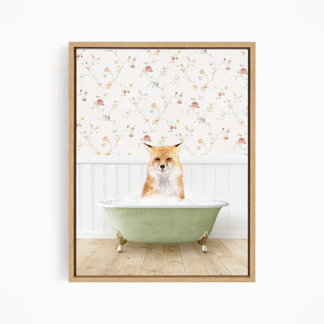 A fox is sitting in a green bathtub filled with water, with a floral wallpaper in the background.