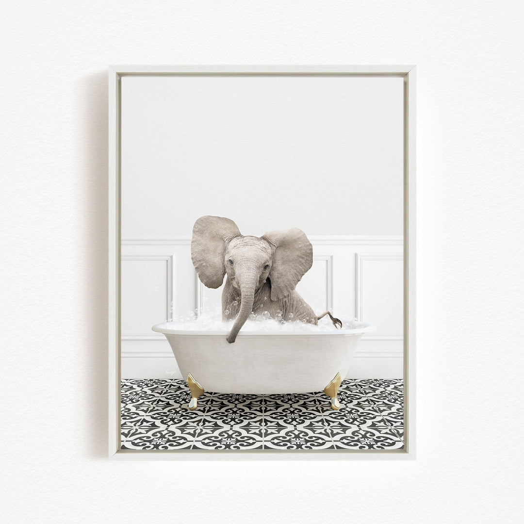 A gray elephant is sitting in a white bathtub filled with water, surrounded by a black and white patterned floor.