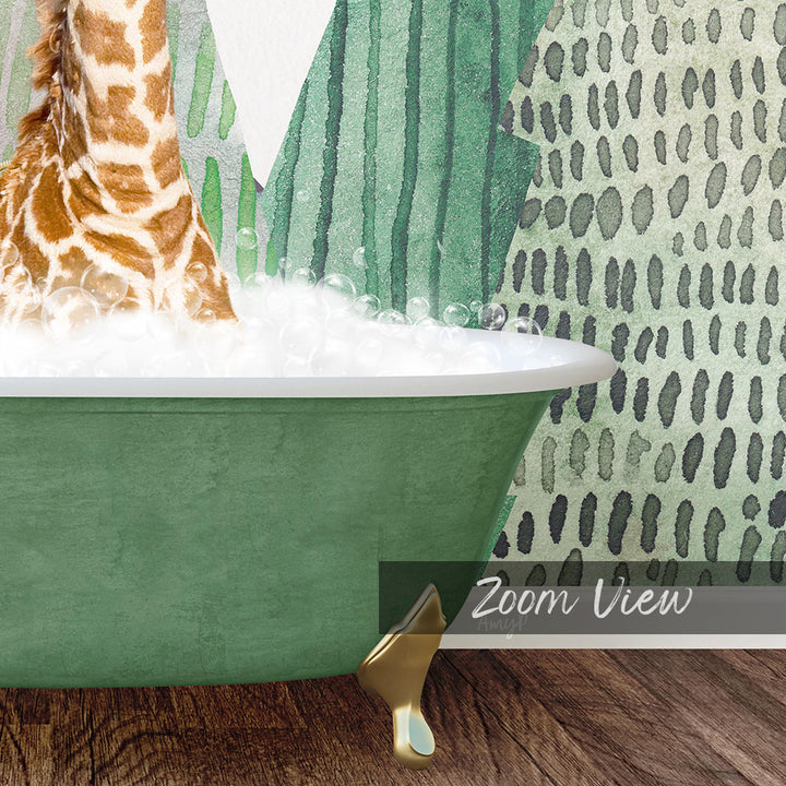 A giraffe standing in a green bathtub filled with bubbles, with a patterned wall in the background.