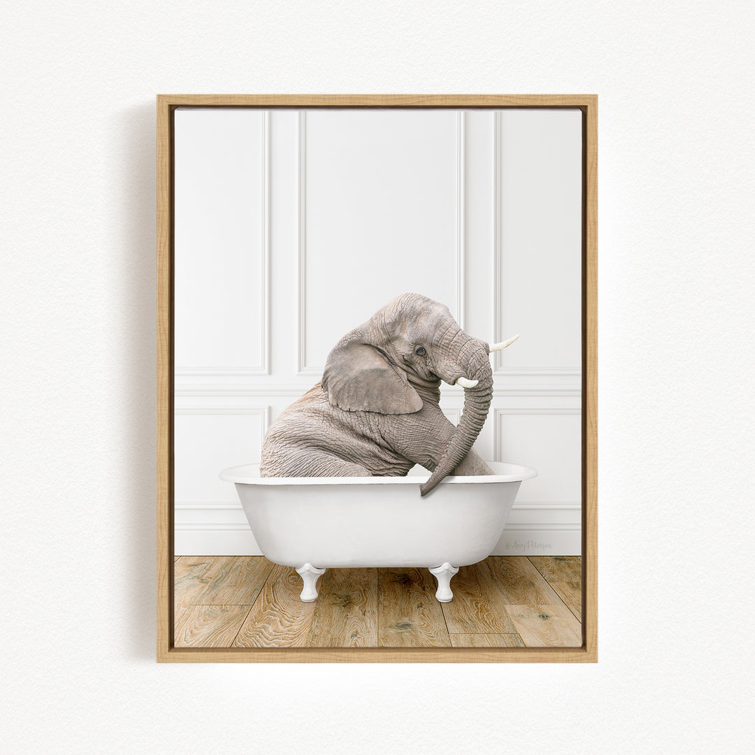 A gray elephant sitting in a white bathtub against a white wall.