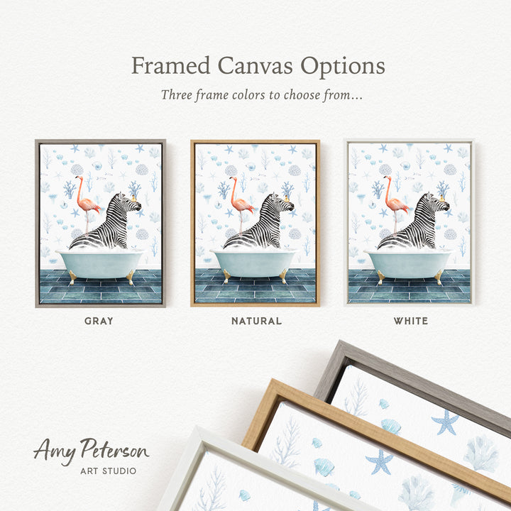 three framed canvas options featuring a zebra sitting in a bathtub with a flamingo and a starfish. The options include a gray frame, a natural frame, and a white frame.