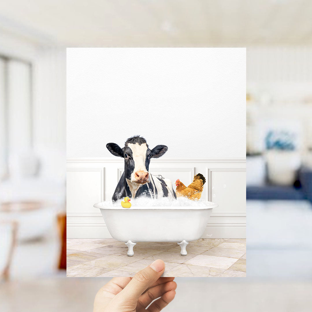 A cow is sitting in a bathtub filled with water, surrounded by a chicken and a duck.