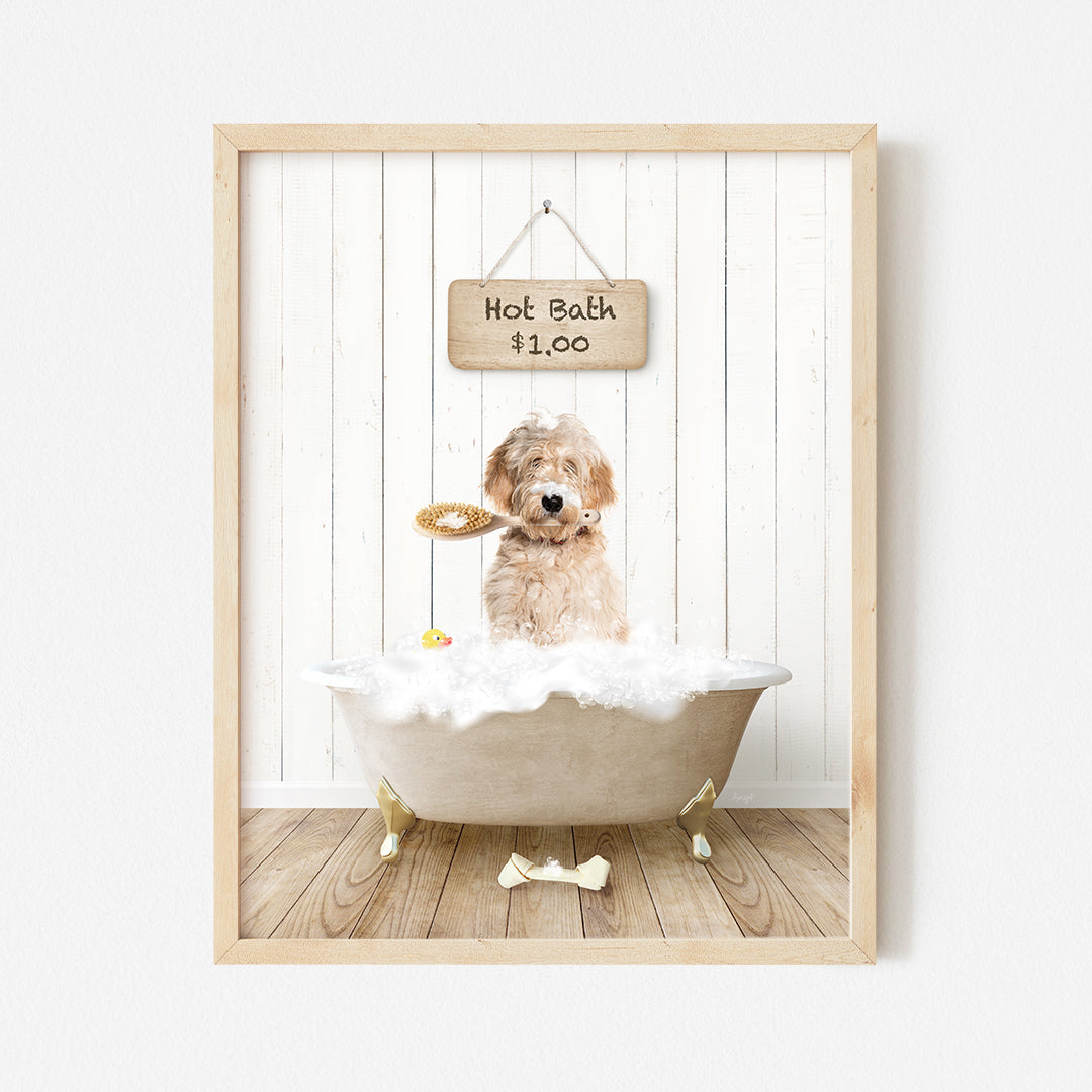 a dog sitting in a bathtub with a sign above it