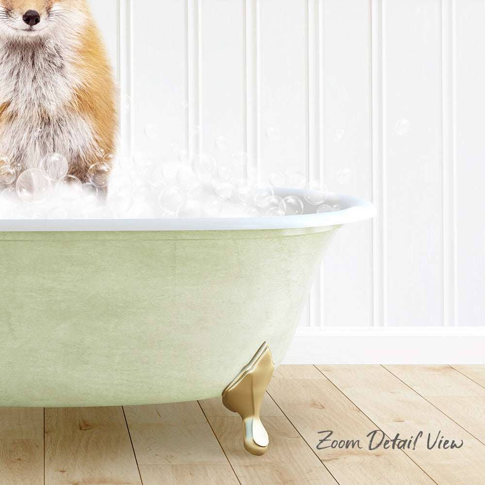 A dog is sitting in a green bathtub filled with bubbles, with a white wall and wooden floor in the background.