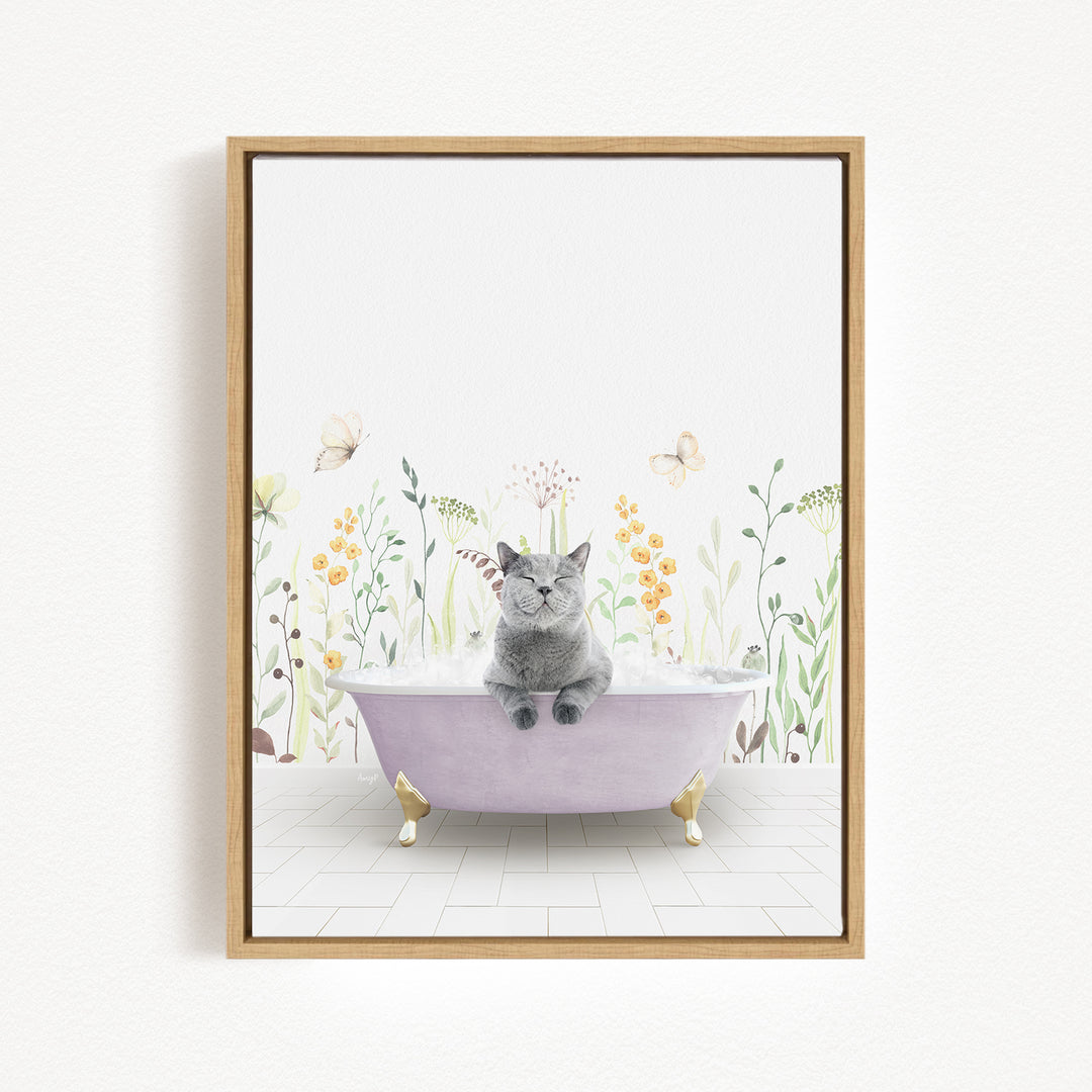 A gray cat sitting in a purple bathtub filled with water, surrounded by flowers and butterflies.