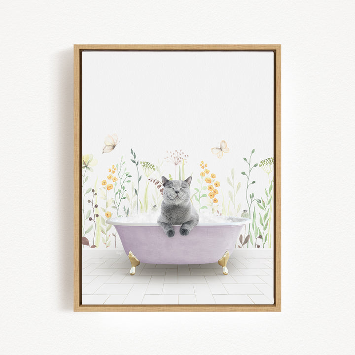 A gray cat sitting in a purple bathtub filled with water, surrounded by flowers and butterflies.