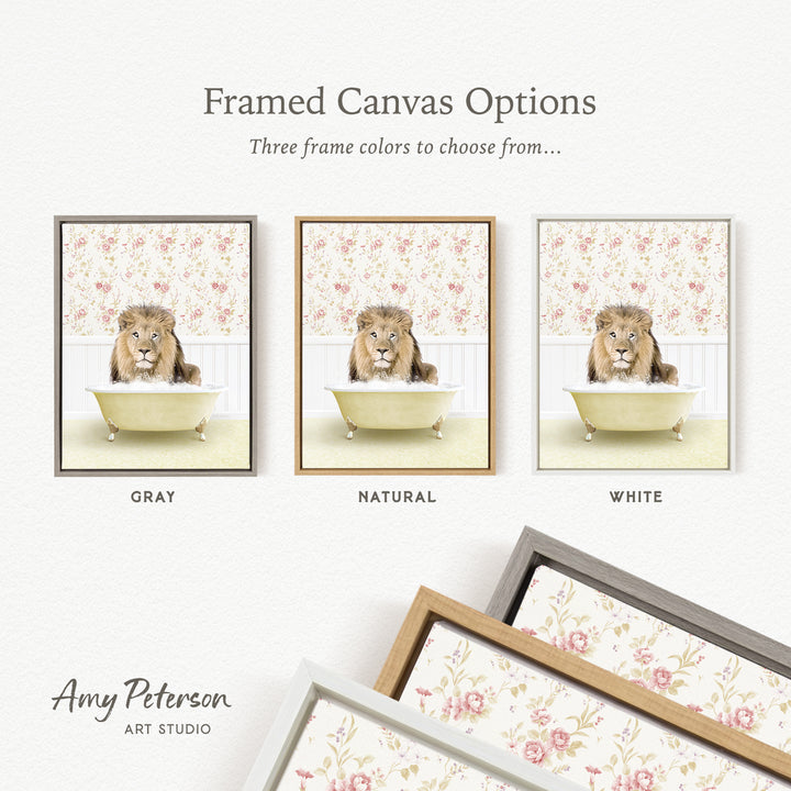 The image is a framed canvas option featuring three different framed pictures of a lion sitting in a bathtub, each with a different frame color: gray, natural, and white.