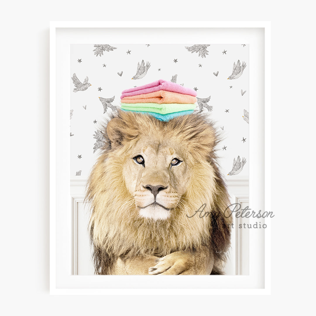 a picture of a lion with a colorful hat on its head